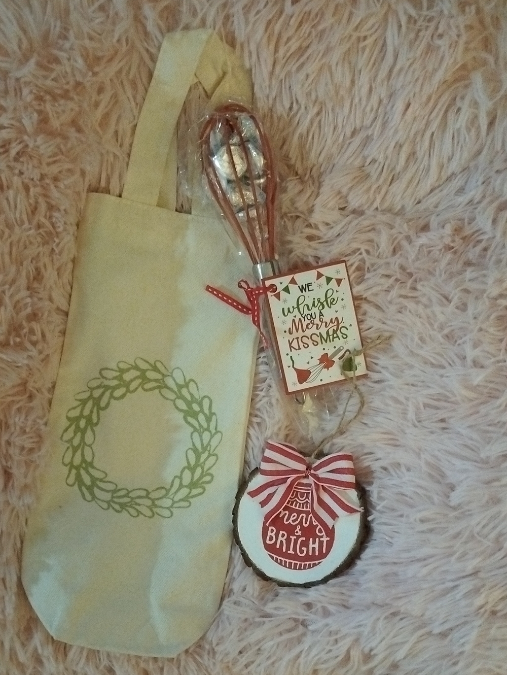 Cream Wine/Gift Bag with Green Wreath Print, Ornament And Whisk